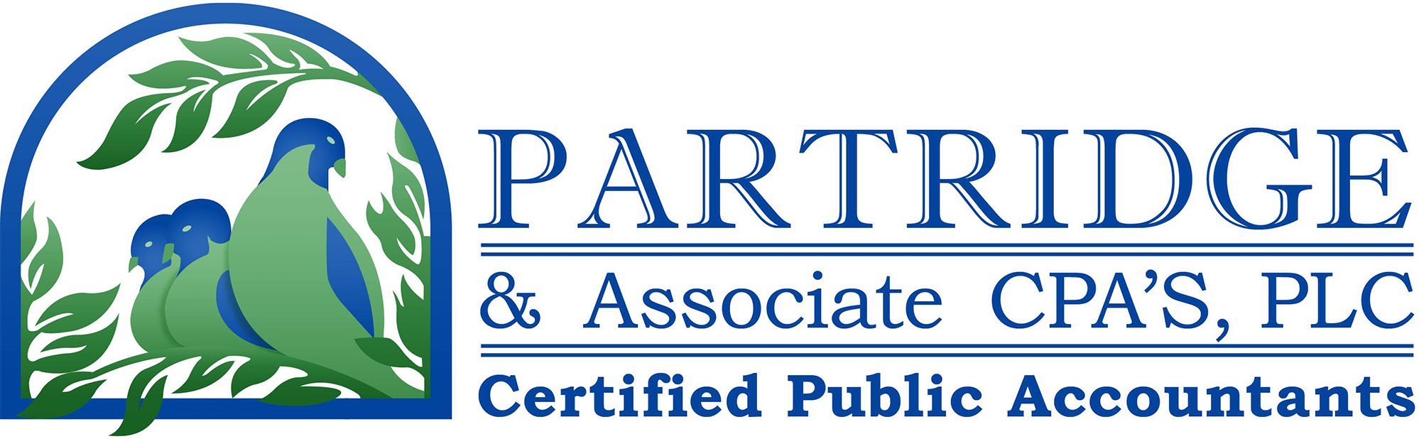 Partridge and associates cpa plc certified public accountants logo located in Scottsdale Arizona the image has a mother partridge bird on a tree branch next to two younger partridge chicks